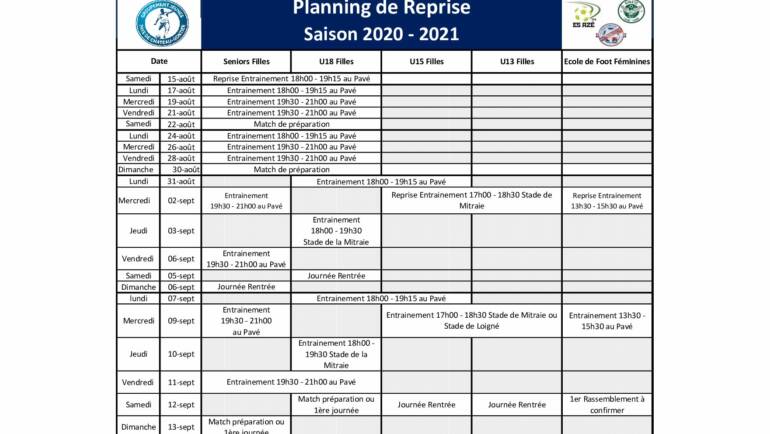 Planning de Reprise de la saison 2020 – 2021 Seniors F