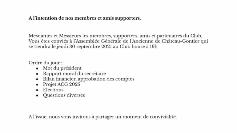 Assemblée général ACG : Jeudi 30 Septembre 2021 !